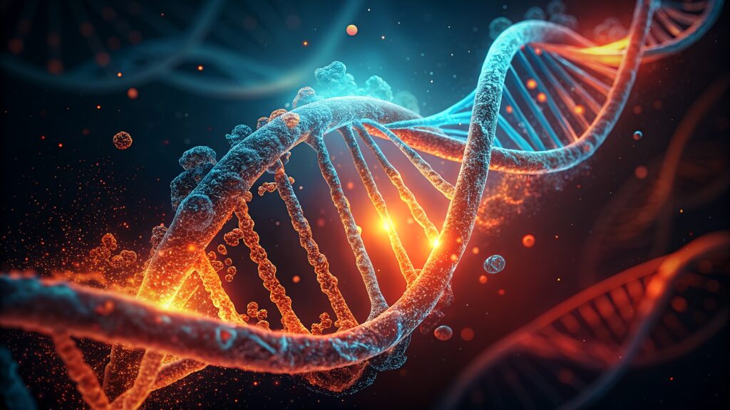 Hélice d’ADN lumineuse symbolisant la transmutation des mémoires cellulaires