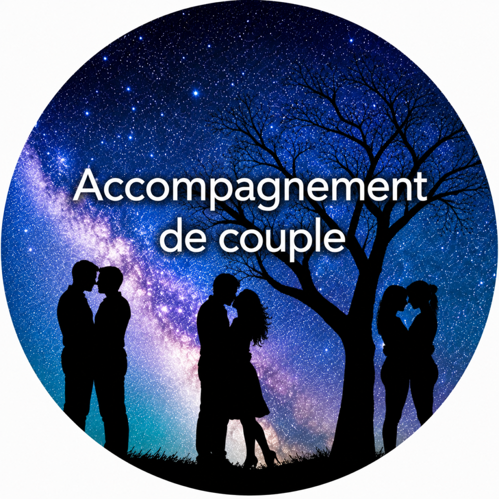Différents couples sous un arbre et des constellations illustrant l’accompagnement de couple