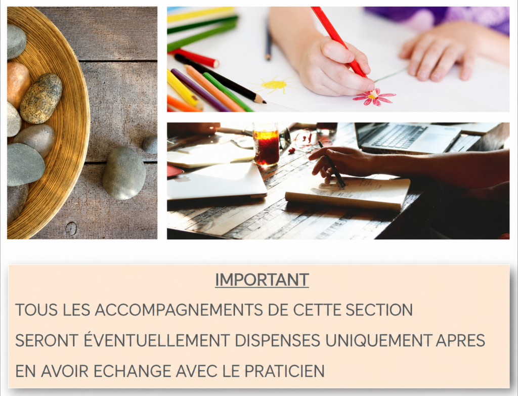 Enfant, carnet d’écriture et pierres illustrant les accompagnements spécifiques