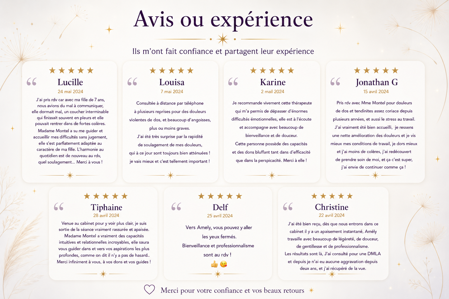 Témoignages des patients et avis de personnes accompagnées par Amély Montel