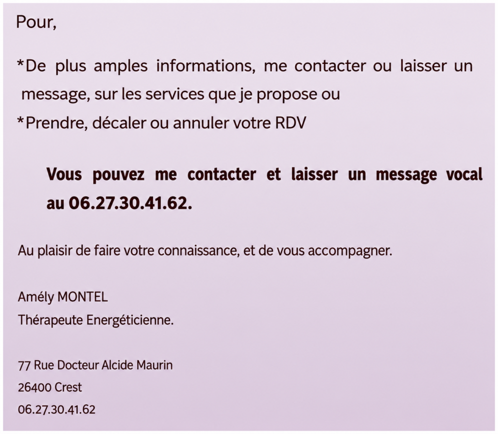 Informations de contact pour prendre ou modifier un rendez-vous avec Amély Montel