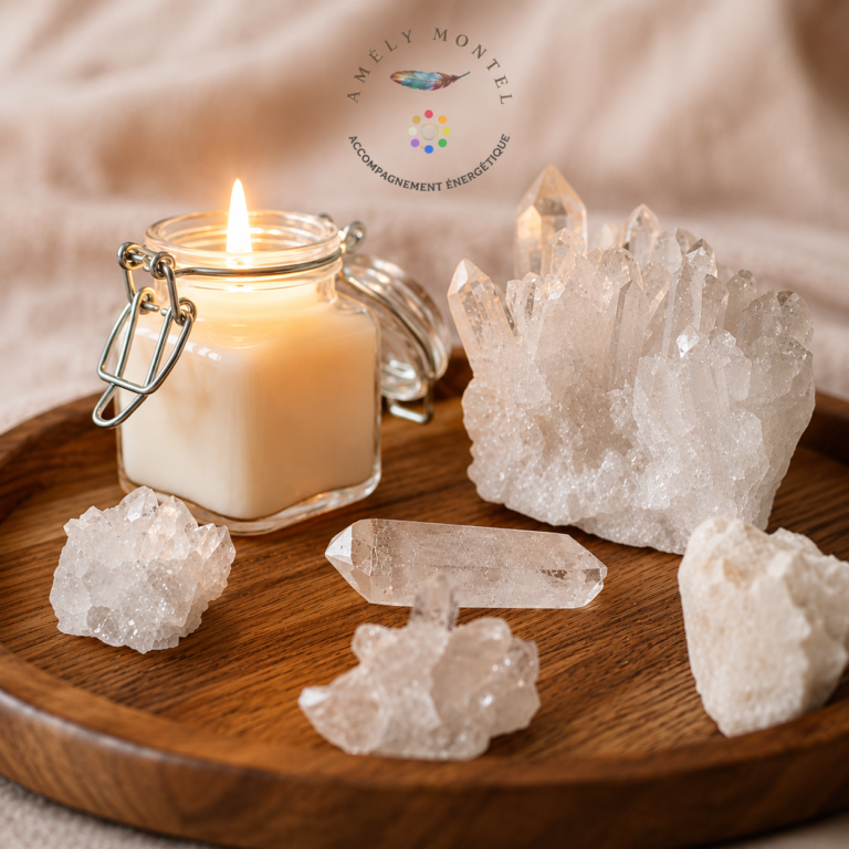 Cristaux et bougie créant une ambiance de détente pour la méditation et la lithothérapie