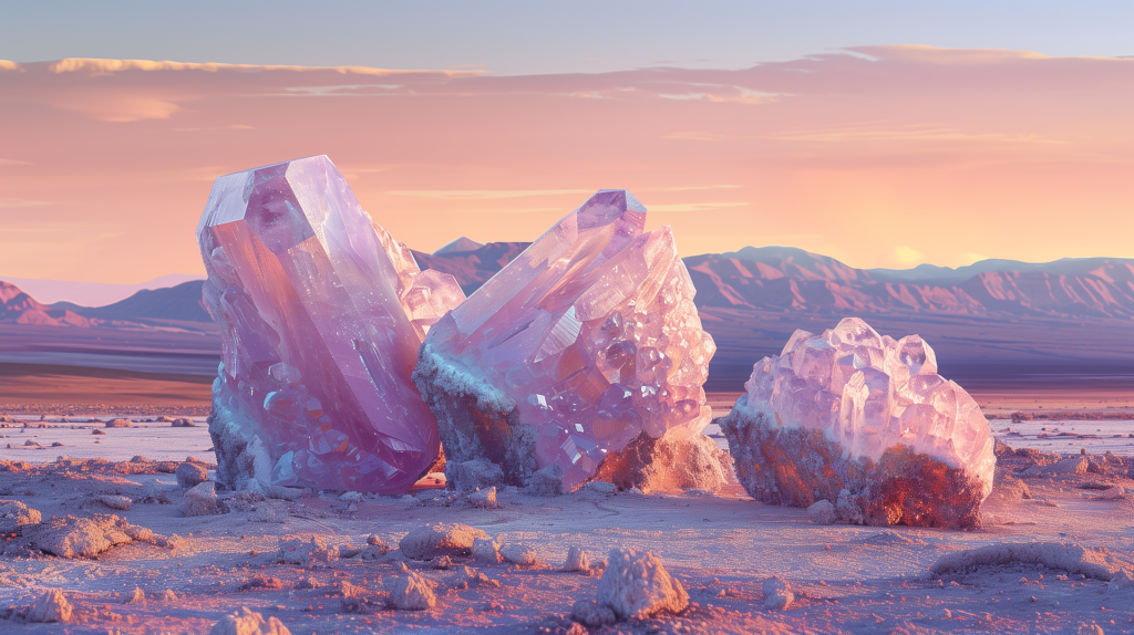 Paysage avec de grands quartz roses illustrant les soins en lithothérapie