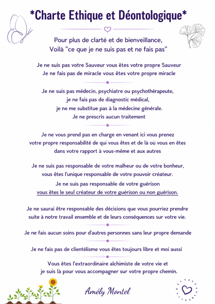 Charte éthique et déontologique d’Amély Montel présentant son cadre de pratique et ses engagements